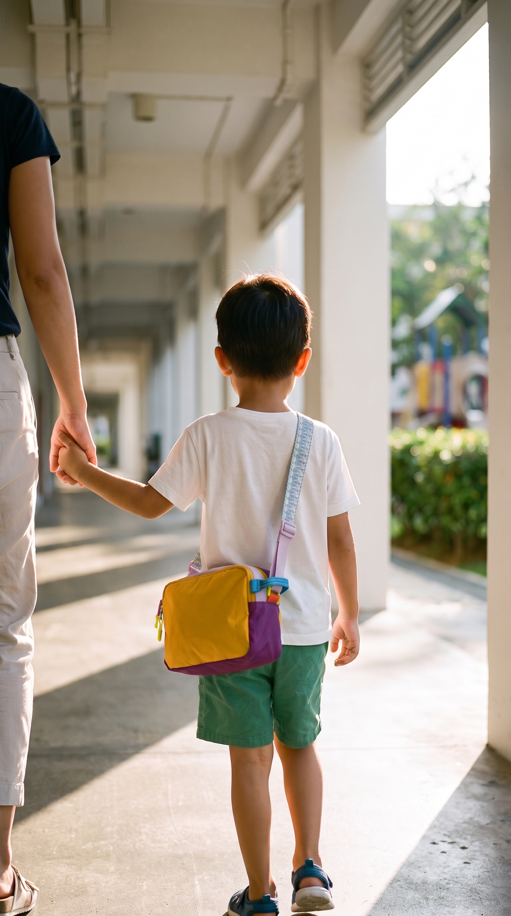 A child wearing The Analog Bag crossbody, walking with a parent