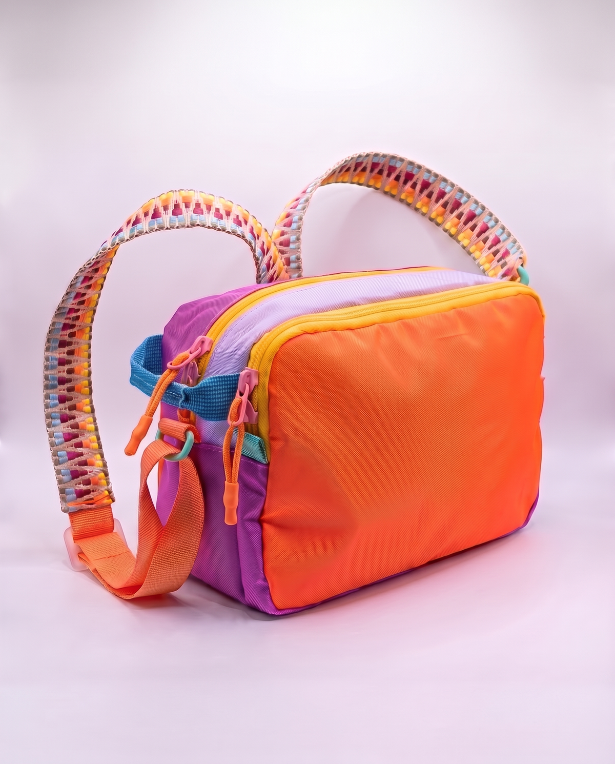 The Analog Bag in Purple and Orange with the woven multicolour strap