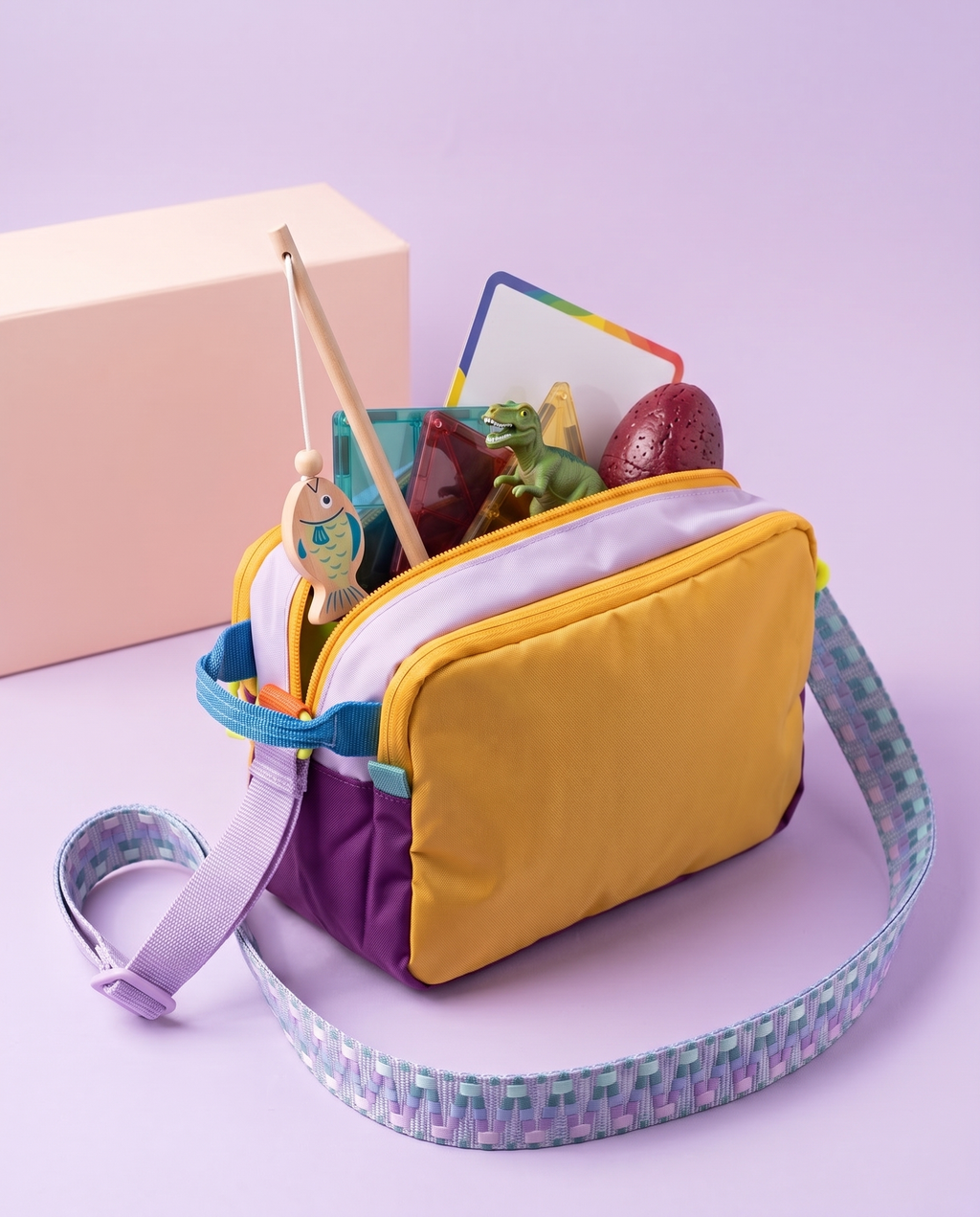 The Analog Bag, Customised, in Purple and Yellow, open with a wooden fishing rod, magnetic tiles, a dinosaur, a wipe-off board and a cork-foam egg packed inside, gift box behind